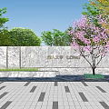 Marble Feature Wall With PALACE LONG Inscription Pink Flowering Tree Green Plants And Paved Ground