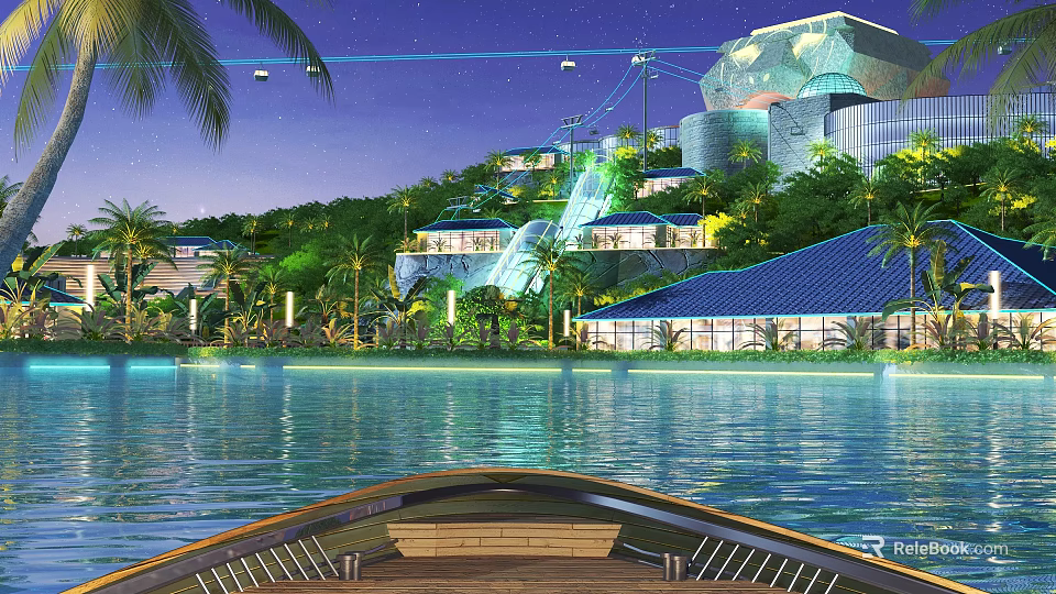 Tropical Night Landscape With Boat On Water Lush Greenery And Illuminated Coastal Buildings 3d model 