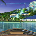 Tropical Night Landscape With Boat On Water Lush Greenery And Illuminated Coastal Buildings