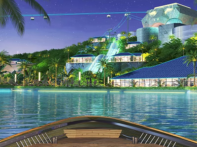 Tropical Night Landscape With Boat On Water Lush Greenery And Illuminated Coastal Buildings 3d model
