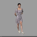 A Woman In Purple Floral Dress With Hands Behind Back White Sneakers On Light Background