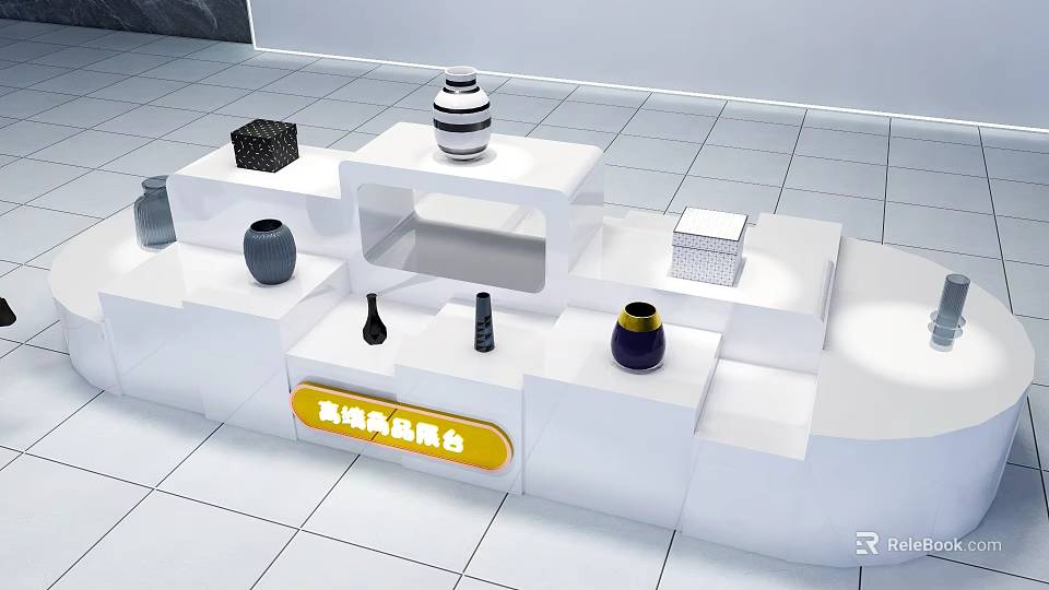 White Modern Display Shelving with Decorative Vases and Square Objects on Tiered Platform 3d model