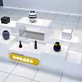 White Modern Display Shelving with Decorative Vases and Square Objects on Tiered Platform 3d model