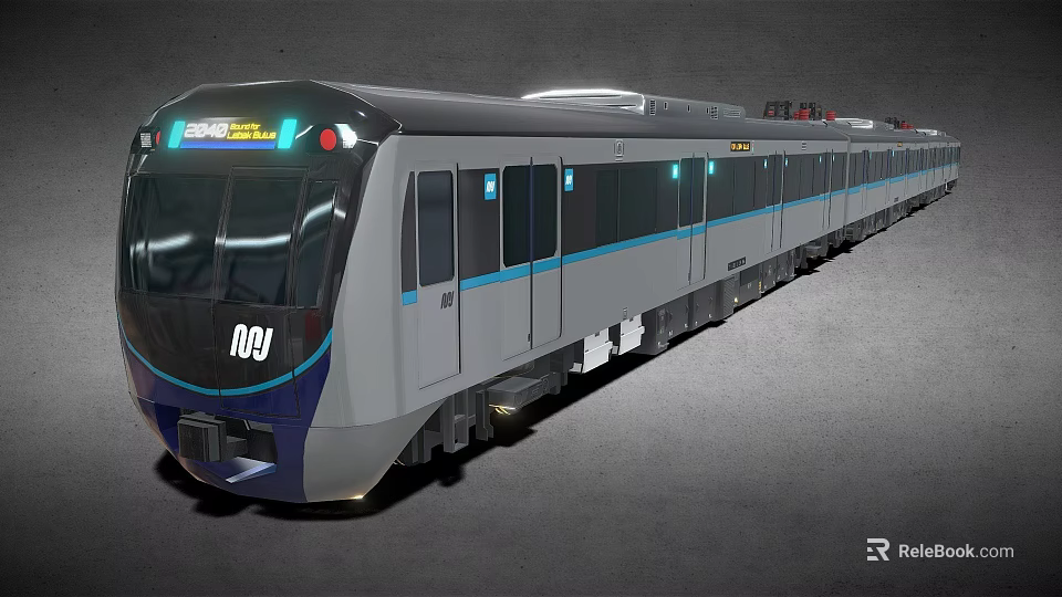 Modern Silver Gray Metro Train With Blue Stripes Front Number 009 And Display Screen 3d model 