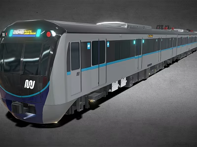 Modern Silver Gray Metro Train With Blue Stripes Front Number 009 And Display Screen 3d model