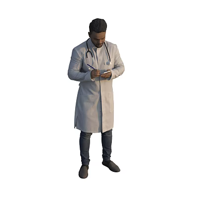 Man In Doctor Coat With Stethoscope Holding Smartphone And Checking Information 3d model