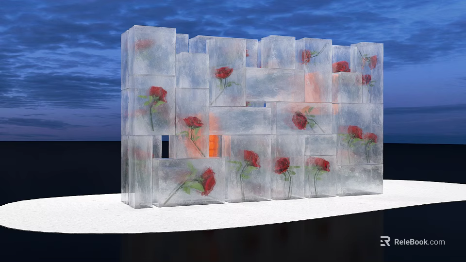 Instagrammable Photo Spot With Ice Cubes Containing Red Roses And Blue Sky Background 3d model 