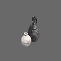 Light Colored Cracked and Black Two Handled Striped Ceramic Vessels on Gray Background 3d model