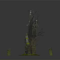 Cartoon Fantasy Scene Featuring Broken Tower Withered Branches Yellow Liquid And Tombstone Like Structures