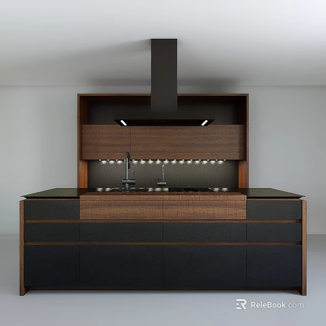 Modern Kitchen Interior With Wooden Cabinets Black Countertop And Range Hood Lighting 3d model 