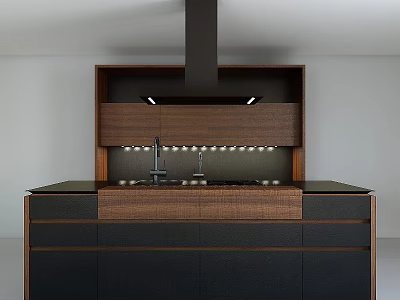 Modern Kitchen Interior With Wooden Cabinets Black Countertop And Range Hood Lighting 3d model
