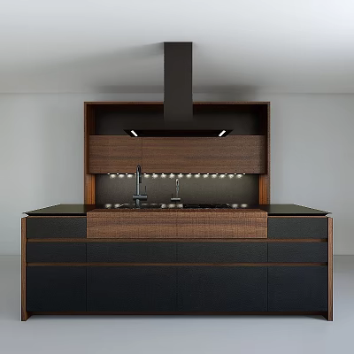 Modern Kitchen Interior With Wooden Cabinets Black Countertop And Range Hood Lighting 3d model