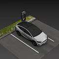 White Tesla SUV Electric Car Charging At Tesla Charging Station In Parking Lot