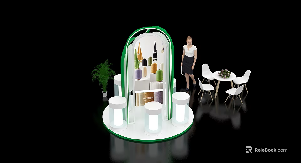 Arched Green White Exhibition Island With Beauty Products And Seating Area 3d model 