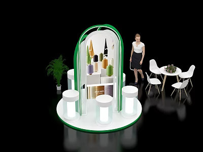 Arched Green White Exhibition Island With Beauty Products And Seating Area 3d model
