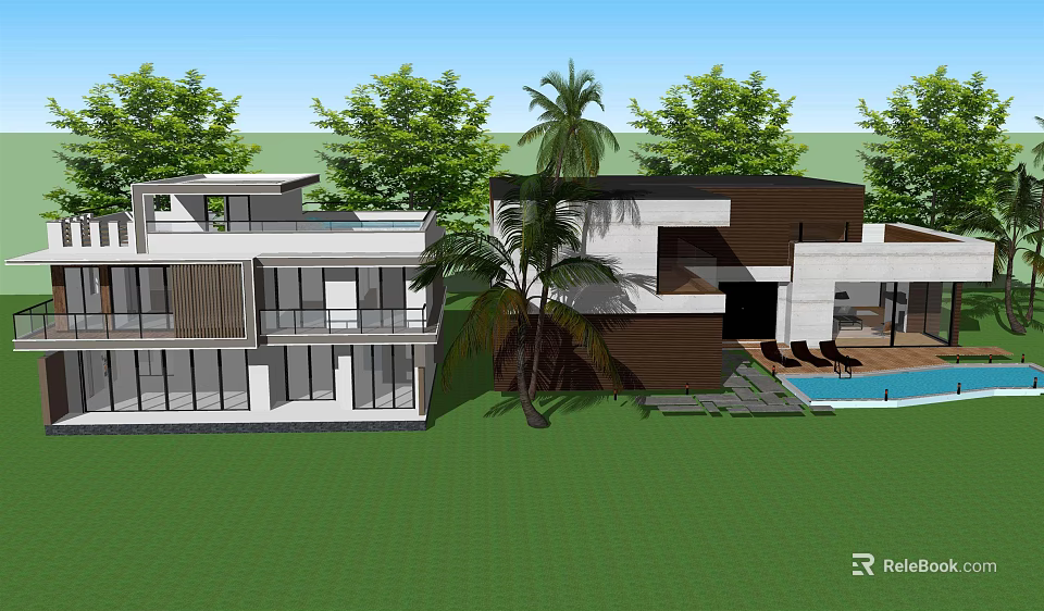 Modern Detached Villa Featuring Lush Green Lawn Palm Trees And Swimming Pool 3d model 