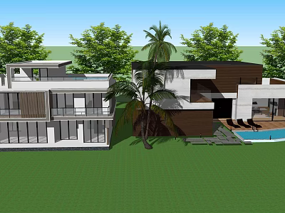 Modern Detached Villa Featuring Lush Green Lawn Palm Trees And Swimming Pool 3d model