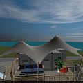 Relaxing Garden Landscape with Green Grass Trees Wooden Pergola Benches Swings and Colorful Umbrellas