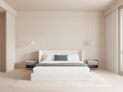 White Double Bed With Headboard In Light Toned Bedroom With Nightstands Pendant Lights And Curtains 3d model