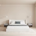 White Double Bed With Headboard In Light Toned Bedroom With Nightstands Pendant Lights And Curtains