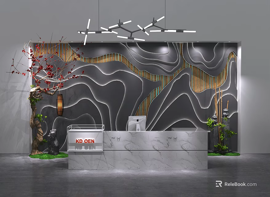 Modern Reception Desk With Marble Countertop Wooden Stripes Abstract Mountain Wall And Pendant Lights 3d model 