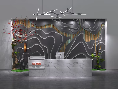 Modern Reception Desk With Marble Countertop Wooden Stripes Abstract Mountain Wall And Pendant Lights 3d model