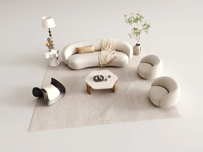 Light Beige Sectional Sofa With Throw Blanket Area Rug Coffee Table And Accent Chairs 3d model