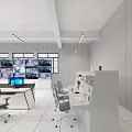 Monitoring Room Interior With Multiple Monitors Blue Information Boards Control Desk And Office Chairs