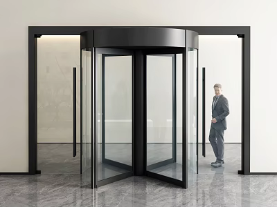 Modern Commercial Revolving Door With Black Frame Transparent Glass And Marble Floor In Office Lobby 3d model