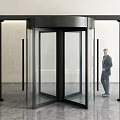 Modern Commercial Revolving Door With Black Frame Transparent Glass And Marble Floor In Office Lobby