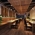 Modern Restaurant Interior Featuring Long Tables Black Chairs Wooden Floors Pendant Lights And Open Kitchen