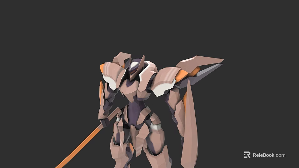 Futuristic Mech Robot Design With Orange Spear And Brown Armor 3d model 