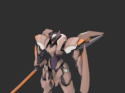 Futuristic Mech Robot Design With Orange Spear And Brown Armor 3d model