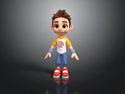 3D Cartoon Child Character Standing In Yellow White Shirt Blue Pants And Red Shoes 3d model