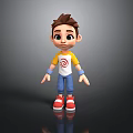 3D Cartoon Child Character Standing In Yellow White Shirt Blue Pants And Red Shoes