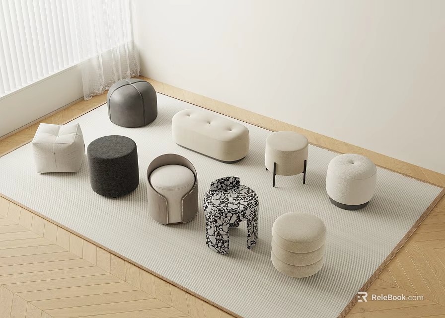 Modern Stools With Various Shapes Materials And Designs On Carpeted Floor 3d model