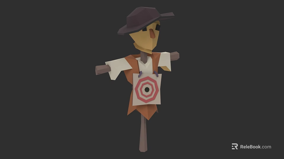 Straw Man Sculpture Carving with Hat Shirt and Target Pattern on Wooden Pole 3d model 