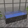 Modern Specialty Store With Black Marble Counter Blue Tiles Glass Railings And Green Plants