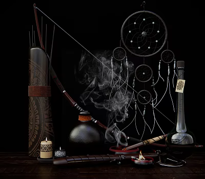 Bohemian Decorative Ornament Set With Dreamcatchers Bow Vase Candle And Smoke 3d model