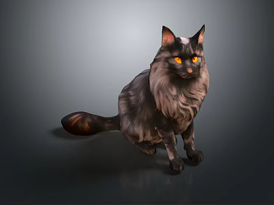 Realistic Gray Long Haired Cat With Fluffy Fur And Yellow Eyes Sitting On Dark Background 3d model