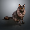Realistic Gray Long Haired Cat With Fluffy Fur And Yellow Eyes Sitting On Dark Background
