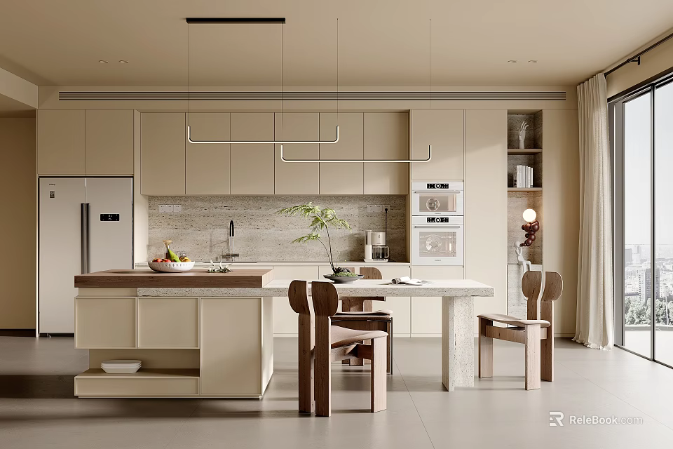 Modern Restaurant Kitchen Interior Design With Open Layout Island Counter Light Cabinets And Pendant Lights 3d model 