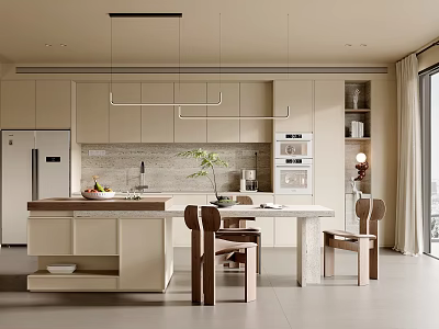 Modern Restaurant Kitchen Interior Design With Open Layout Island Counter Light Cabinets And Pendant Lights 3d model