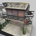Abandoned Structure Model With Rusted Metal Broken Roof And Graffiti On Stone Base