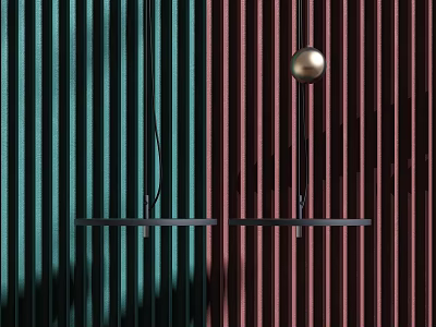 Two Pendant Lights On Green And Red Striped Wall One With Golden Sphere 3d model