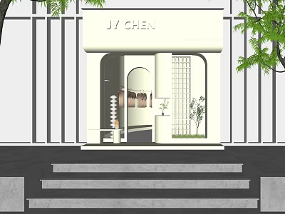 JY CHEN Storefront Design With White Facade Arched Entrance Steps Grid Design And Green Plants 3d model