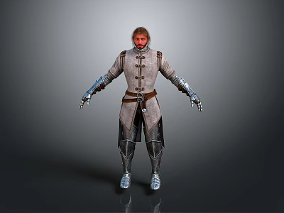 Male Character In Gray Coat With Leather Belt Gloves Layered Pants And Metallic Shoes 3d model