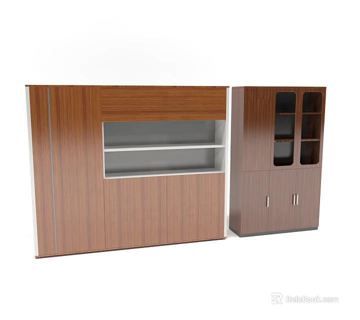 Modern Brown Wooden Bookcase Set Featuring Open Shelf And Glass Door Storage Design 3d model 