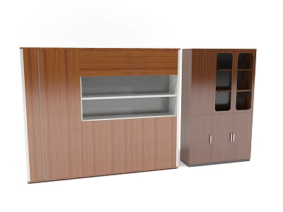 Modern Brown Wooden Bookcase Set Featuring Open Shelf And Glass Door Storage Design 3d model