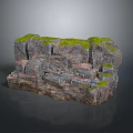 Natural Wood Stone Rock with Green Moss Cracks Layers and Reflective Base Surface